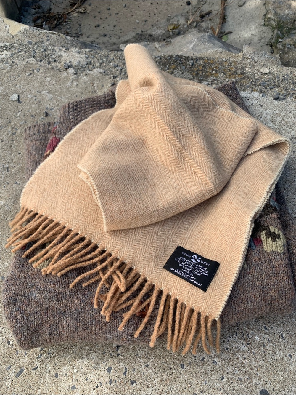 Cashmere&Wool Vtg West Germany The Bay Cashmere Wool Herringbone Scarf Camel 52"
